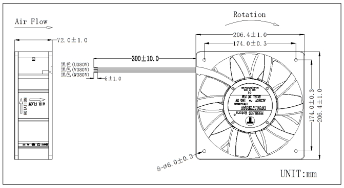 DF20572B38V充電樁380v散熱風扇三相20cm大風量高壓超充風扇